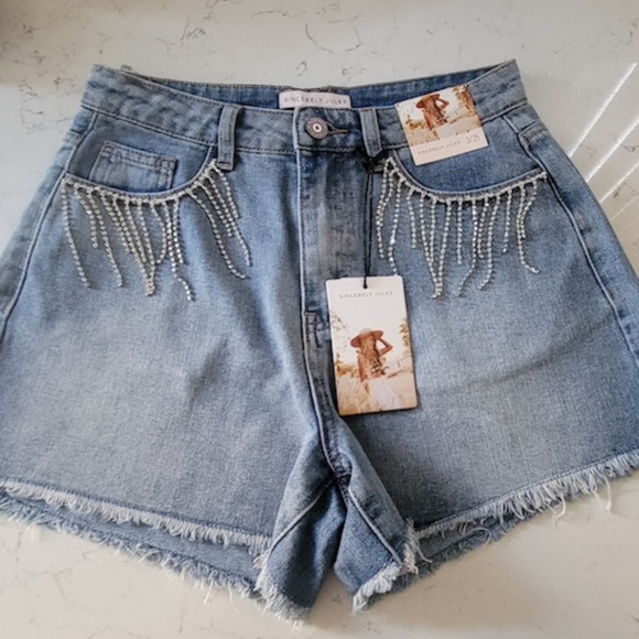Denim Jean Shorts with Rhinestone Crystal Bling Fringe, size 3/25 - Picture 1 of 5